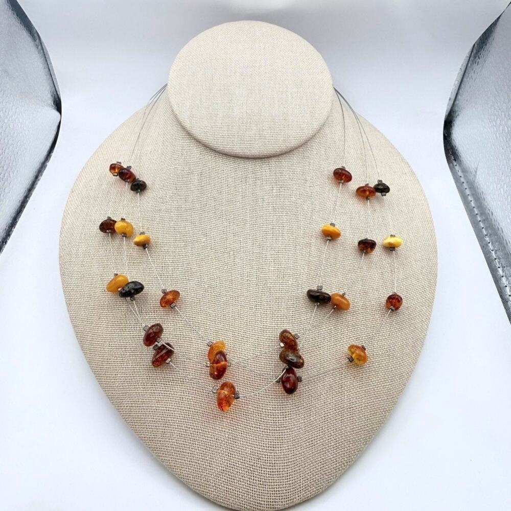 VTG Sterling Silver Mixed Color Baltic Amber Floating Necklace Triple Layer 17"